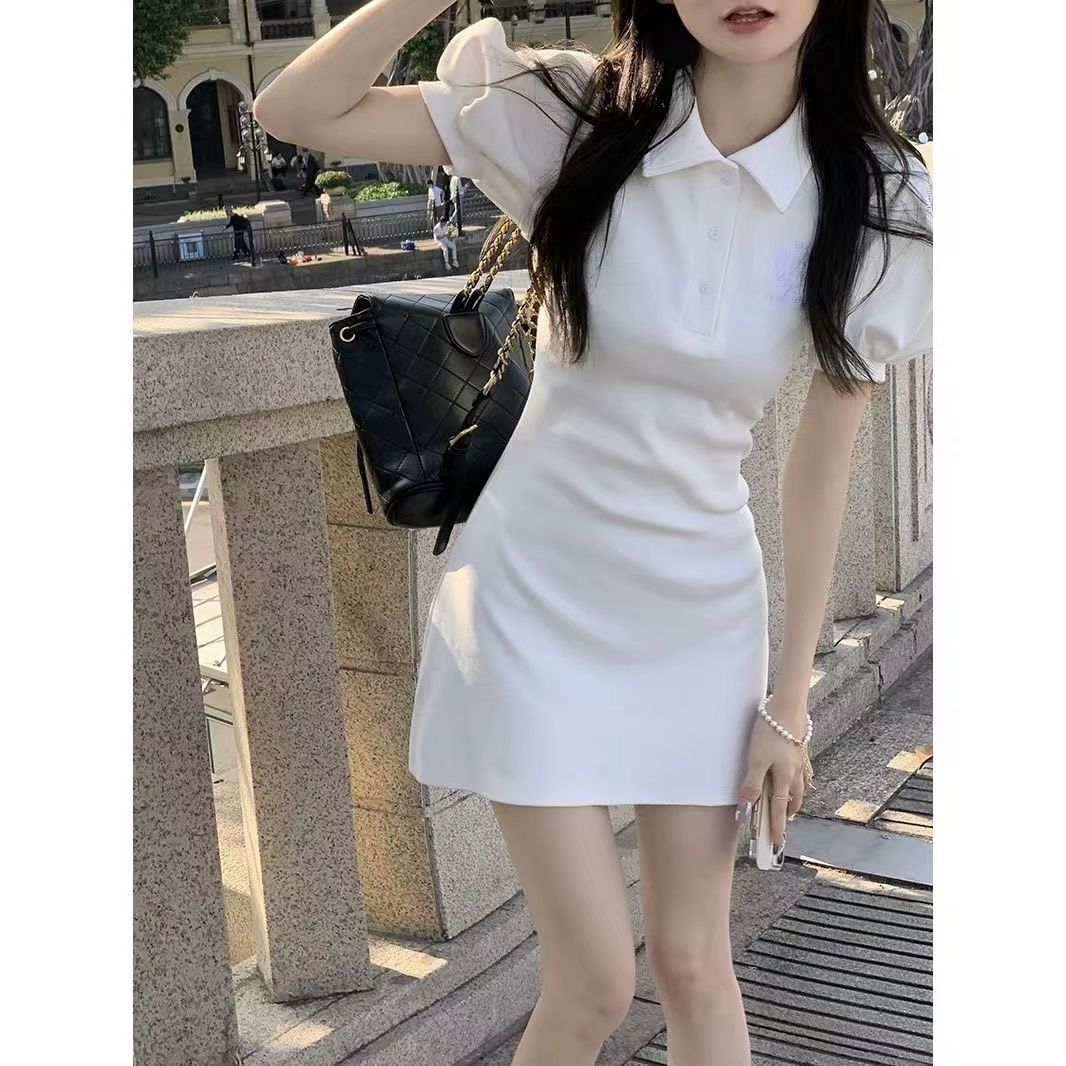 辣妹POLO領襯衫連衣裙女夏季新款收腰顯瘦泡泡袖短裙粉色裙子