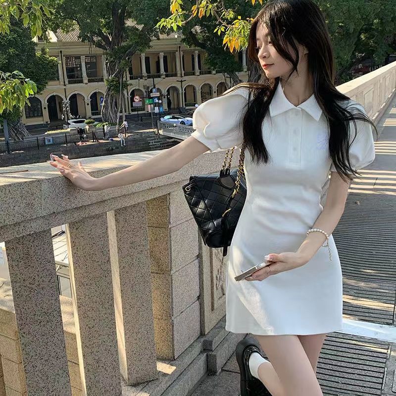 辣妹POLO領襯衫連衣裙女夏季新款收腰顯瘦泡泡袖短裙粉色裙子