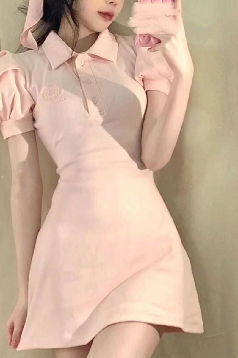 辣妹POLO領襯衫連衣裙女夏季新款收腰顯瘦泡泡袖短裙粉色裙子