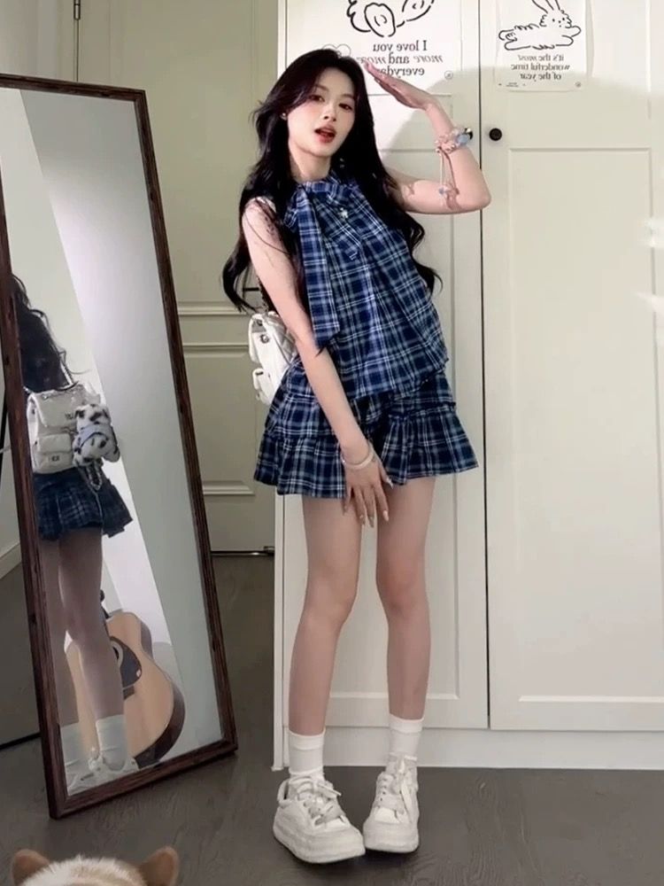 藍色格子襯衫無袖背心連衣裙子女夏季2026款爆款小個子蛋糕短裙