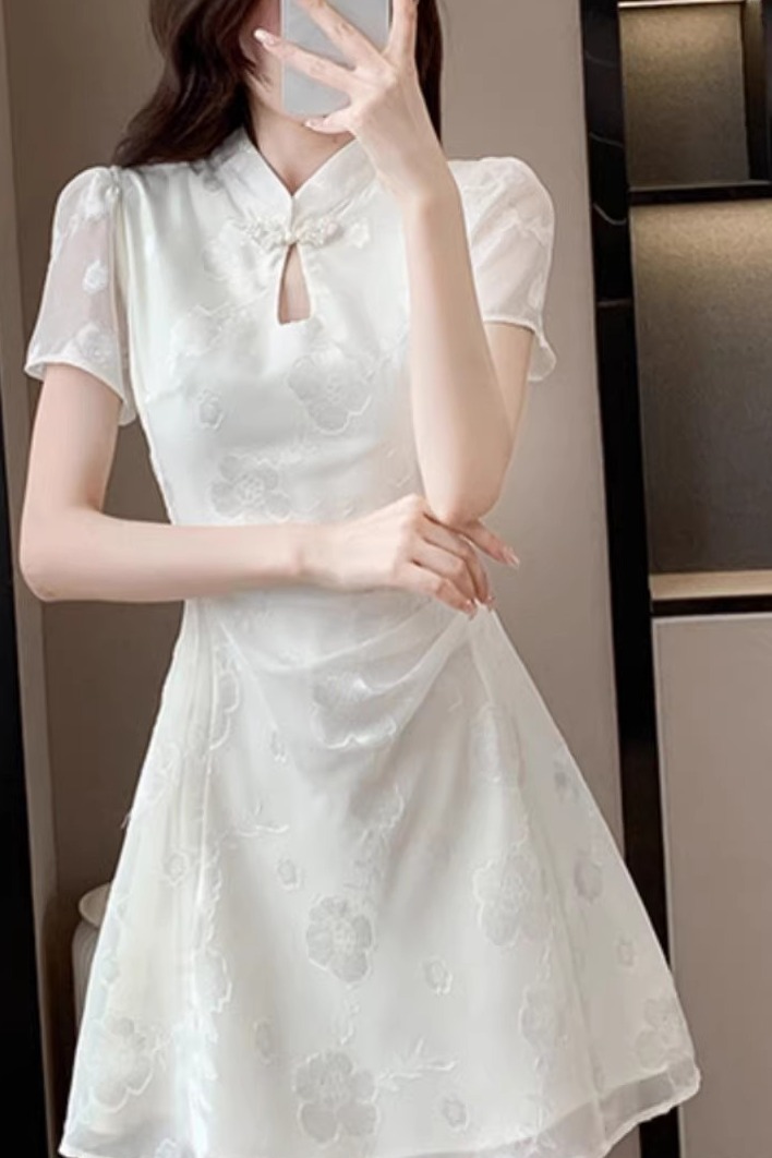 小個子高端國風提花旗袍裙改良新中式連衣裙女收腰a字氣質訂婚裙
