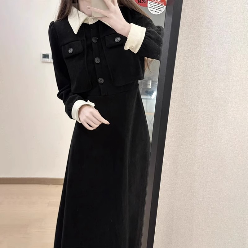 燈芯絨復合薄網布底黑色法式長袖連衣裙子女2025春季新款氣質長裙