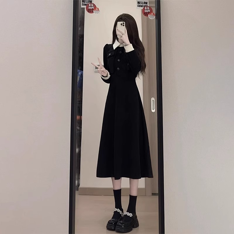 燈芯絨復合薄網布底黑色法式長袖連衣裙子女2025春季新款氣質長裙