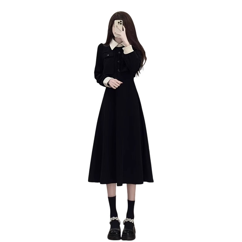燈芯絨復合薄網布底黑色法式長袖連衣裙子女2025春季新款氣質長裙