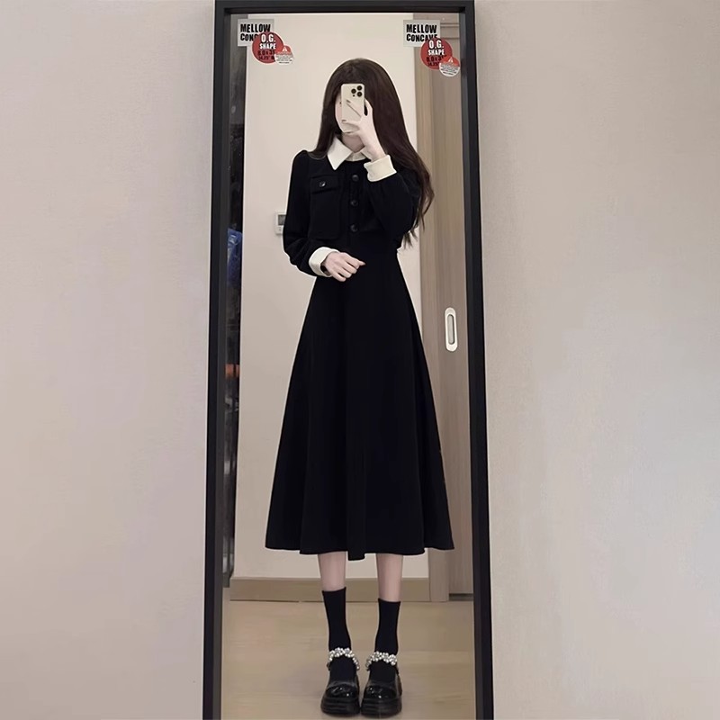燈芯絨復合薄網布底黑色法式長袖連衣裙子女2025春季新款氣質長裙