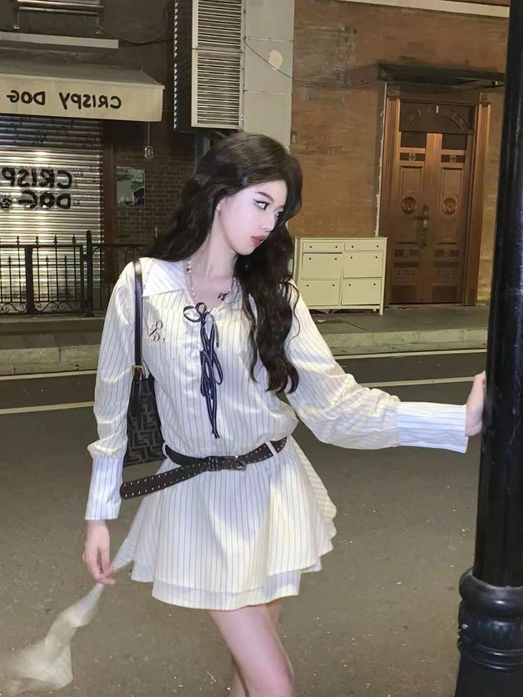 學院風長袖條紋襯衫連衣裙女春秋季2025新款茶系穿搭假兩件套短裙