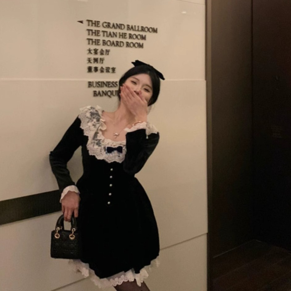 氣質法式高級感穿搭小個子秋冬連衣裙2024新款黑色金絲絨裙子女裝
