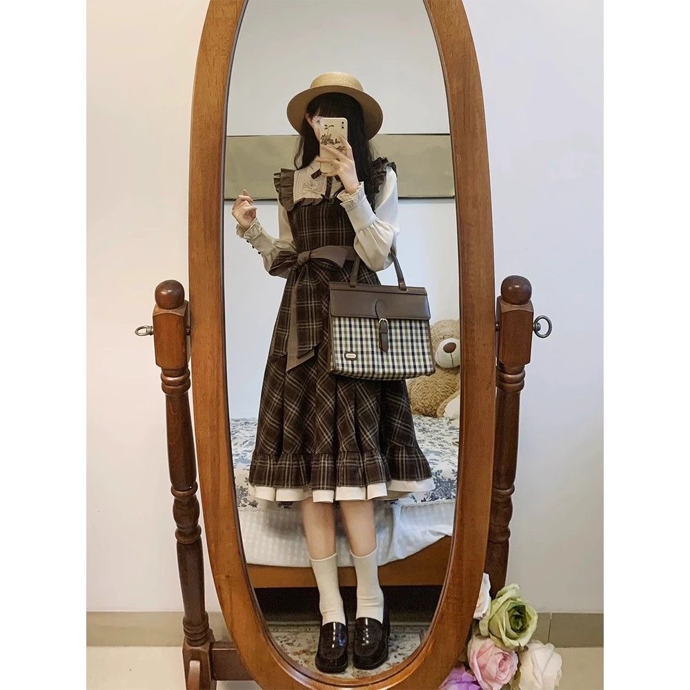 秋季新款韓版復古學院風小個子假兩件格紋連衣裙女高腰顯瘦中長裙