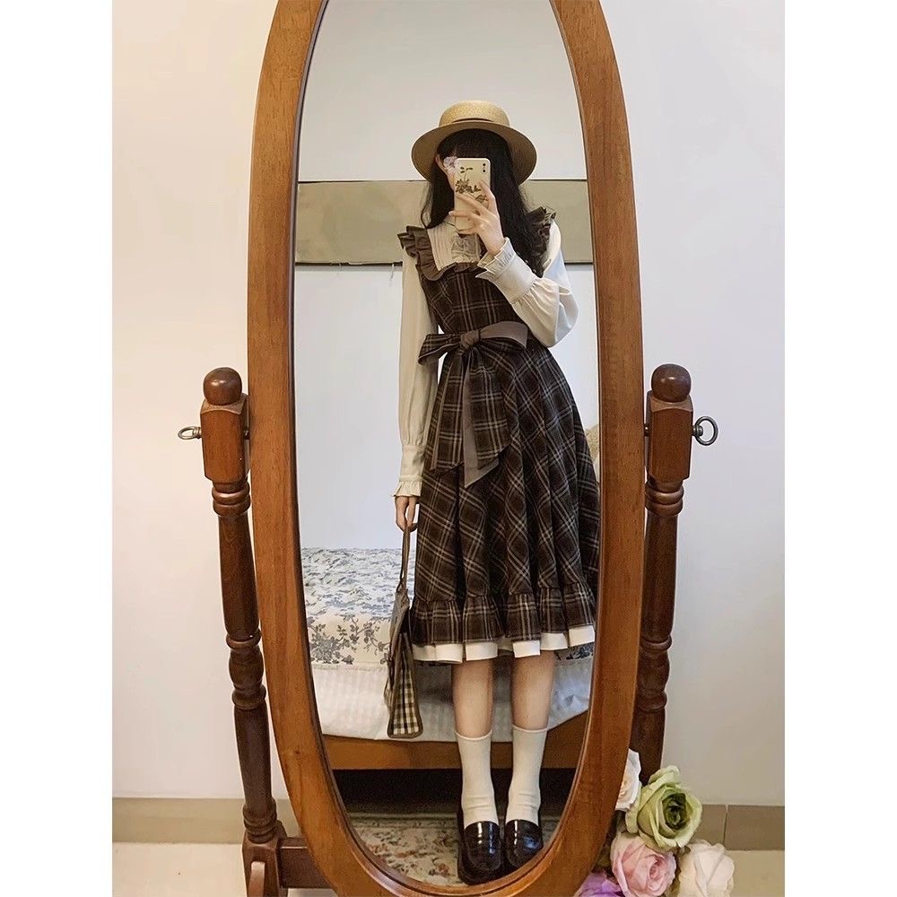 秋季新款韓版復古學院風小個子假兩件格紋連衣裙女高腰顯瘦中長裙