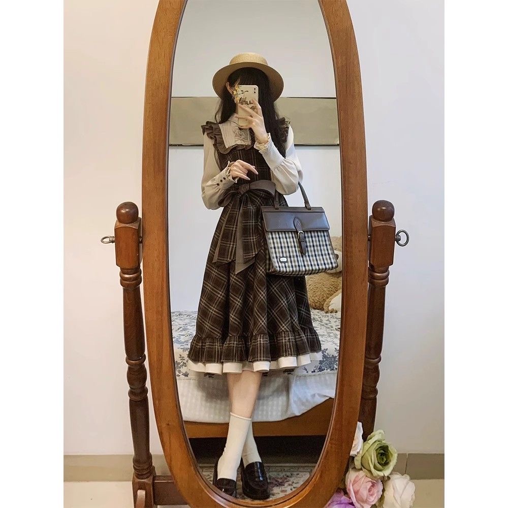 秋季新款韓版復古學院風小個子假兩件格紋連衣裙女高腰顯瘦中長裙