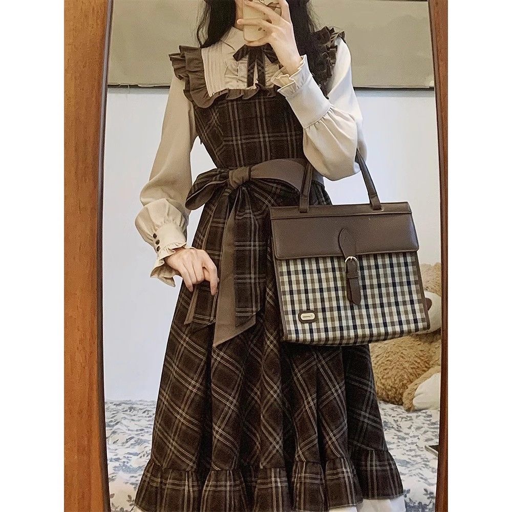 秋季新款韓版復古學院風小個子假兩件格紋連衣裙女高腰顯瘦中長裙
