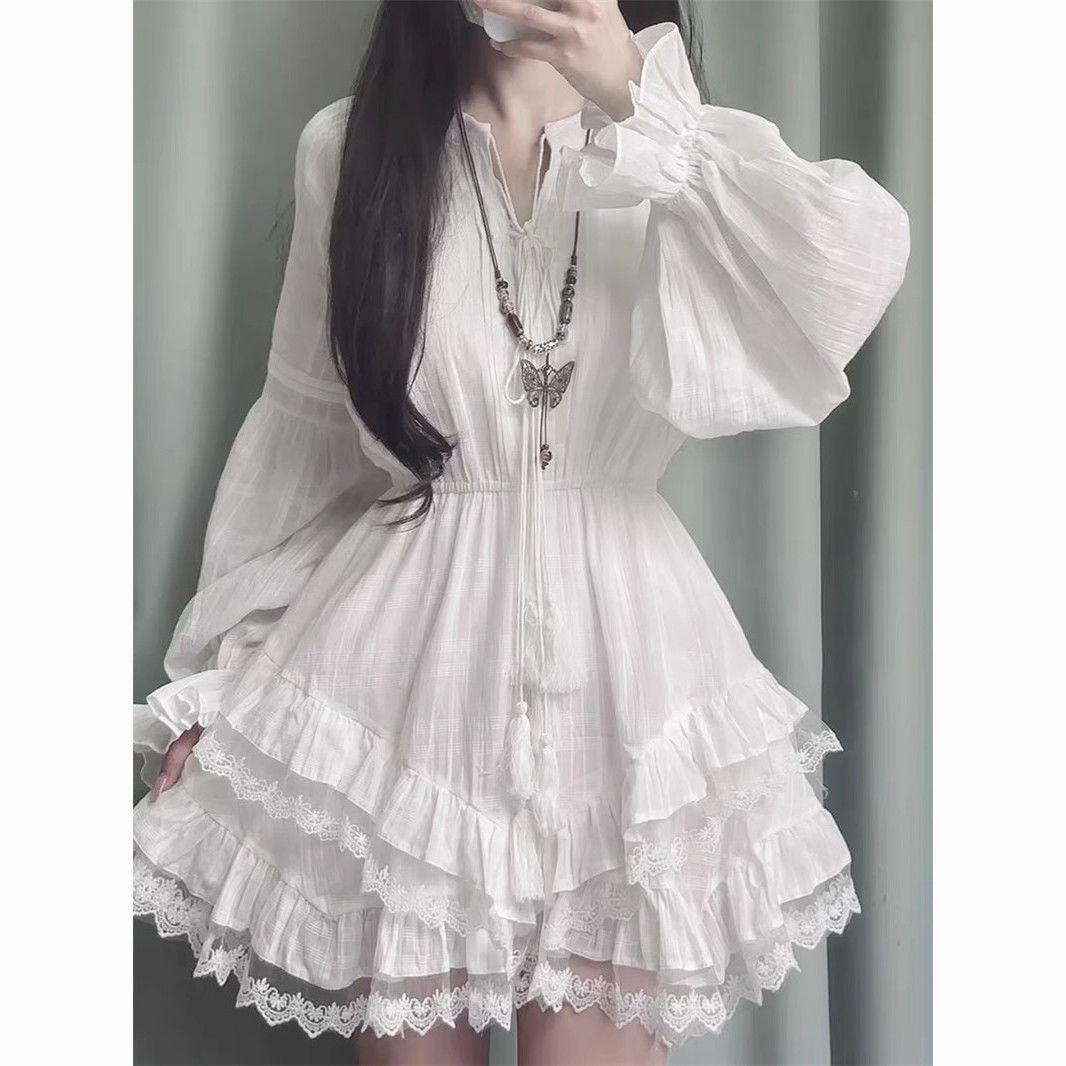 白色超仙收腰顯瘦長袖連衣裙女春秋季蓬蓬蛋糕裙氣質甜美小白裙子