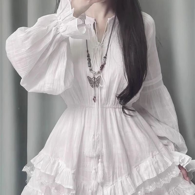 白色超仙收腰顯瘦長袖連衣裙女春秋季蓬蓬蛋糕裙氣質甜美小白裙子