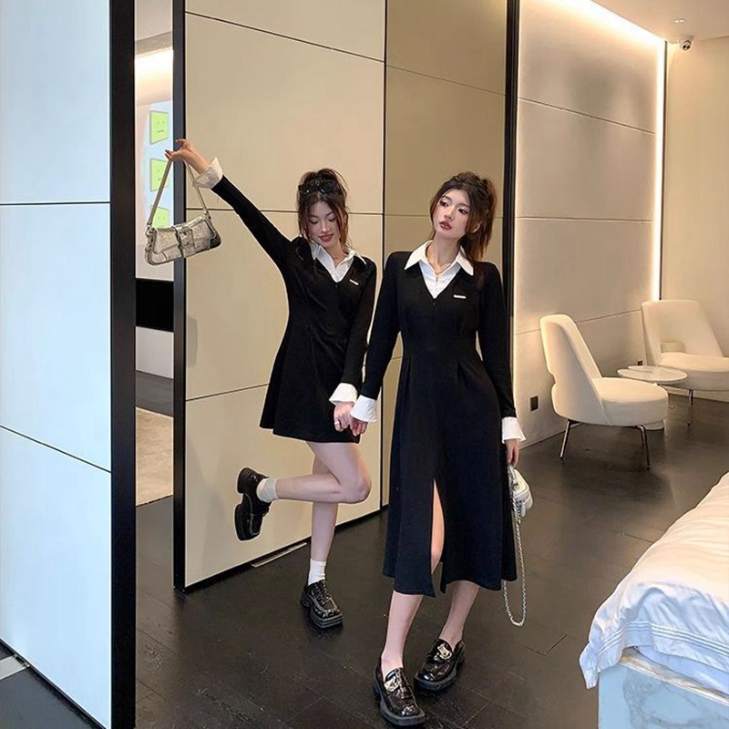 法式拼接春秋新款顯瘦小眾設計感襯衫領小黑裙氣質閨蜜連衣長裙女