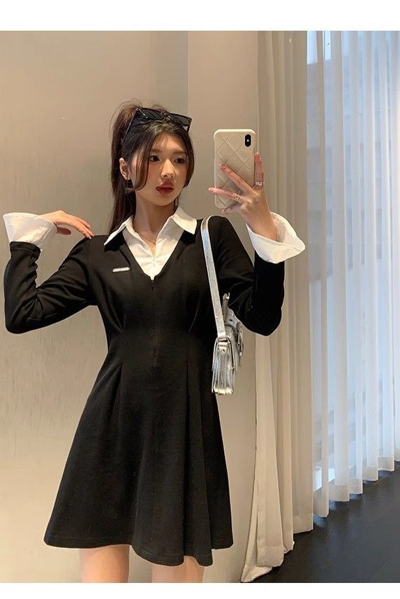 法式拼接春秋新款顯瘦小眾設計感襯衫領小黑裙氣質閨蜜連衣長裙女