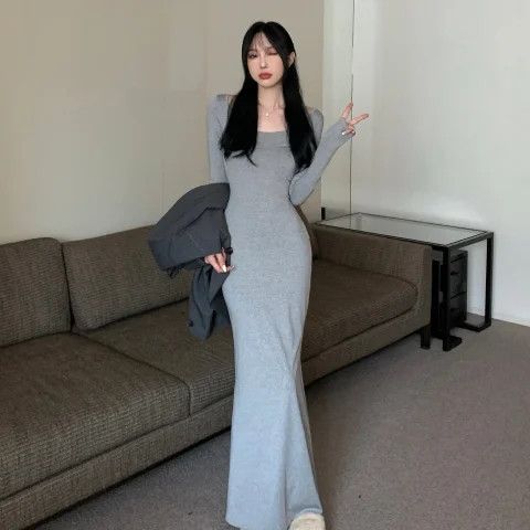 辣妹性感長袖連衣裙女秋季2025新款咖色打底長裙修身魚尾包臀裙子
