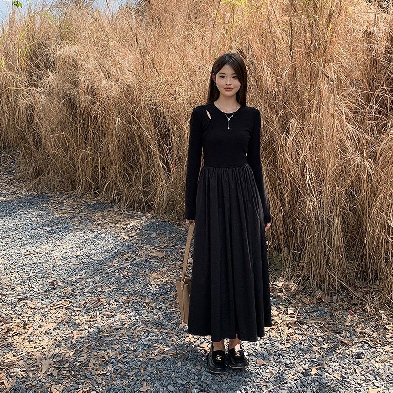 法式赫本風高級感長袖黑色連衣裙子秋季2025新款女裝小個子長裙