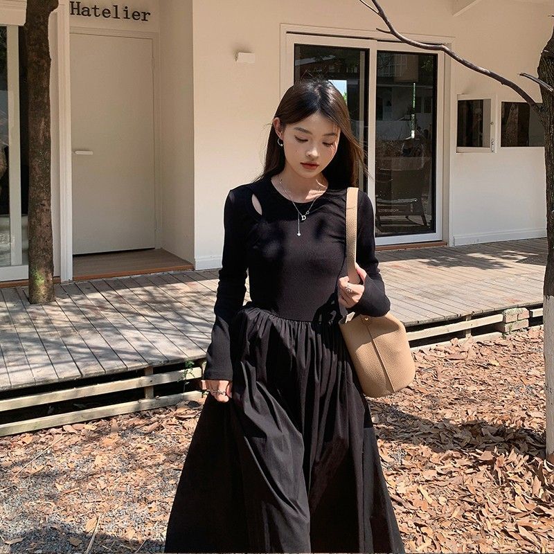 法式赫本風高級感長袖黑色連衣裙子秋季2025新款女裝小個子長裙