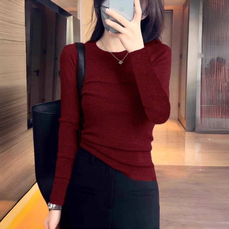 MY17584# 正肩圆领针织长袖t恤新款高级感修身显瘦内搭打底衫女裝貨源...