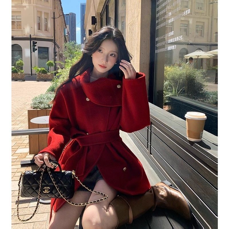 MY15857# 显瘦高级系带气质设计中长款宽松毛呢外套大衣新款简约呢大衣女裝貨源服裝批發