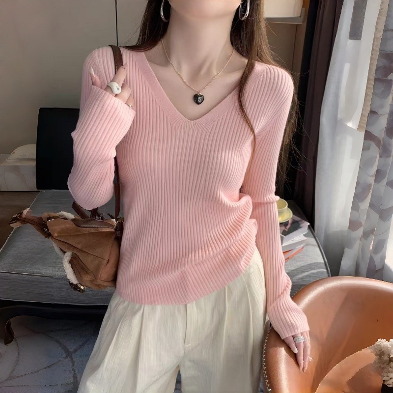 MY16254# 粉色v领针织衫新款穿搭风衣内搭长袖打底毛衣秋冬上衣女裝貨...