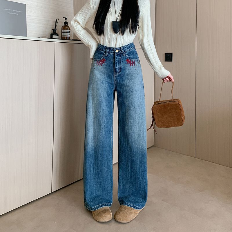 MY17581# 美式复古刺绣钉珠牛仔裤女新款重工水洗宽松显瘦直筒裤女裝貨...