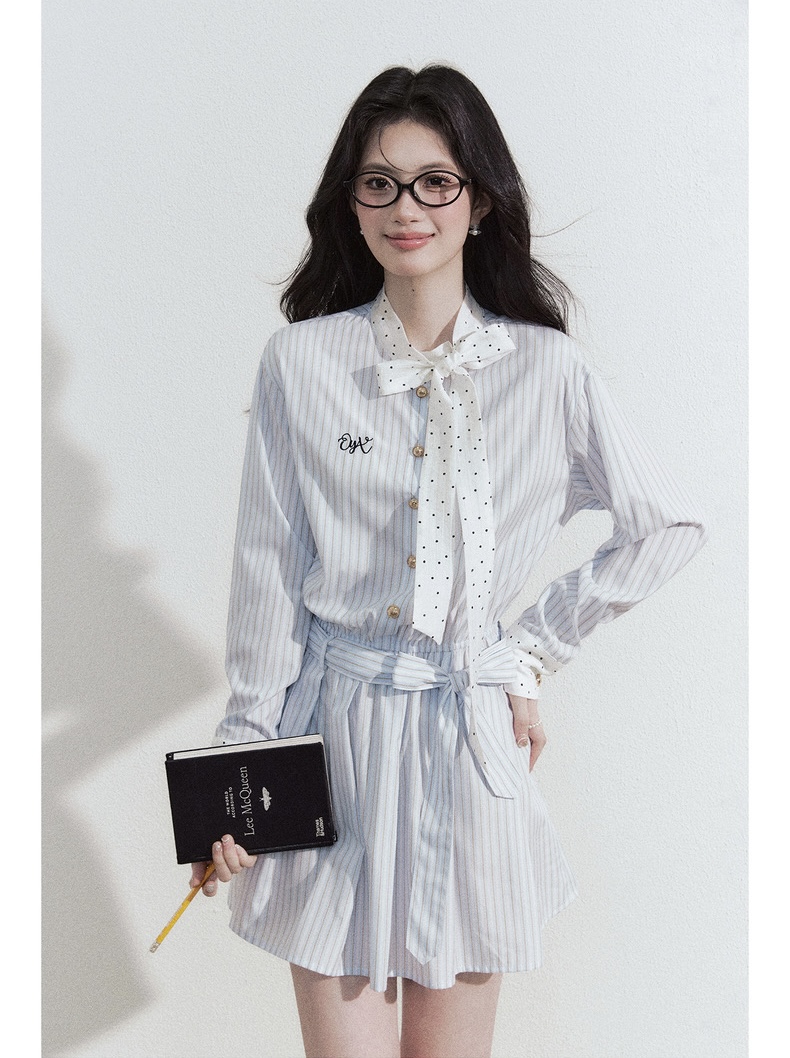早春學院風蝴蝶結條紋襯衫連衣裙子女秋夏2026新款小個子韓系穿搭