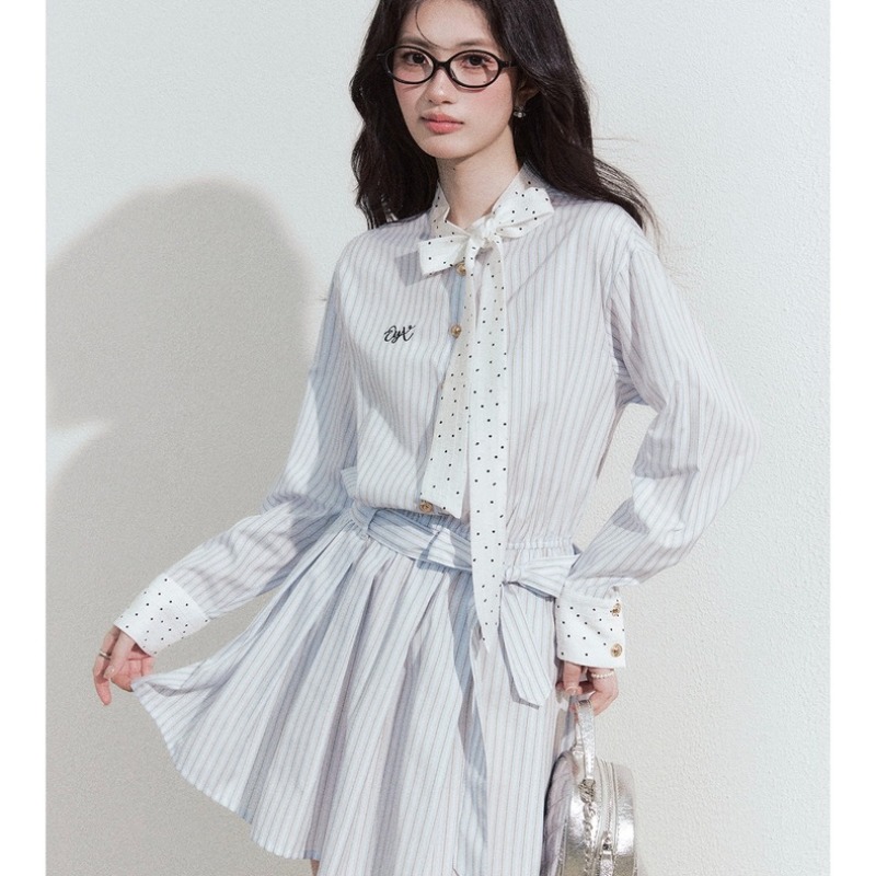 早春學院風蝴蝶結條紋襯衫連衣裙子女秋夏2026新款小個子韓系穿搭