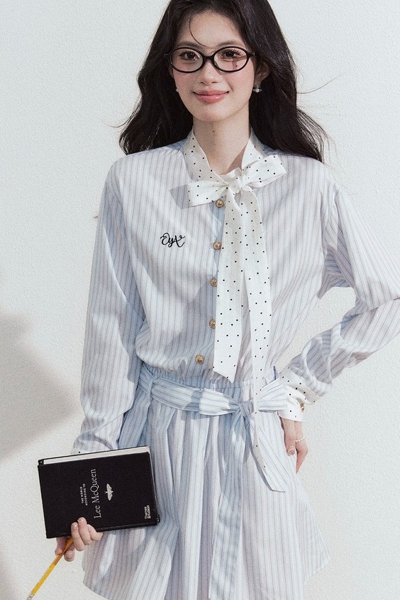 早春學院風蝴蝶結條紋襯衫連衣裙子女秋夏2026新款小個子韓系穿搭