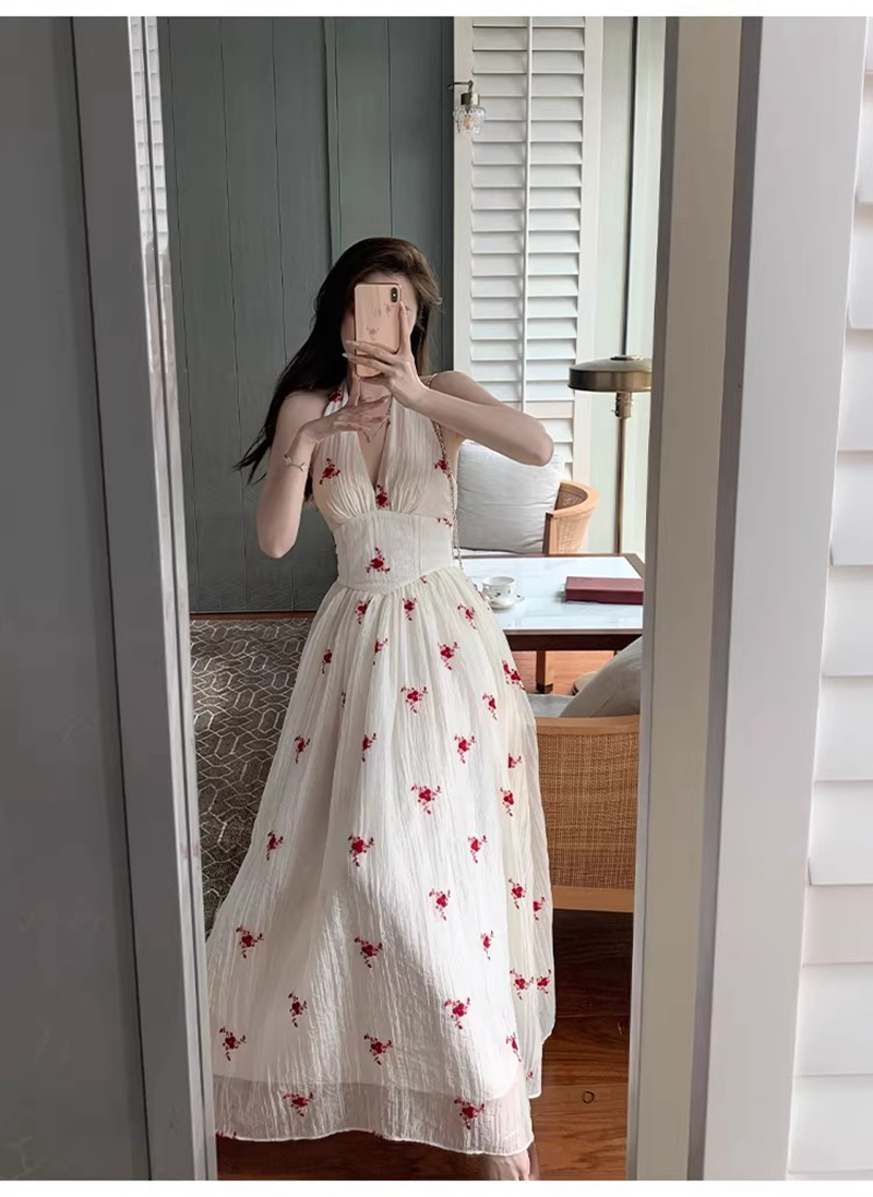 心愿裙 純欲風掛脖連衣裙提花收腰顯瘦露背深V領長裙女