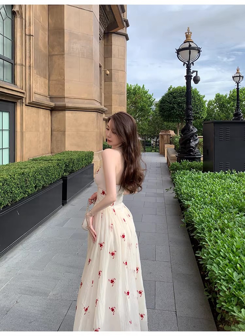 心愿裙 純欲風掛脖連衣裙提花收腰顯瘦露背深V領長裙女