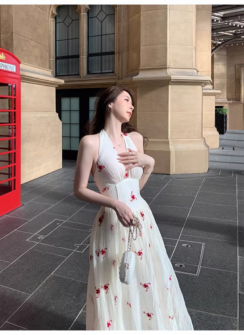 心愿裙 純欲風掛脖連衣裙提花收腰顯瘦露背深V領長裙女