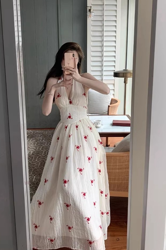 心愿裙 純欲風掛脖連衣裙提花收腰顯瘦露背深V領長裙女