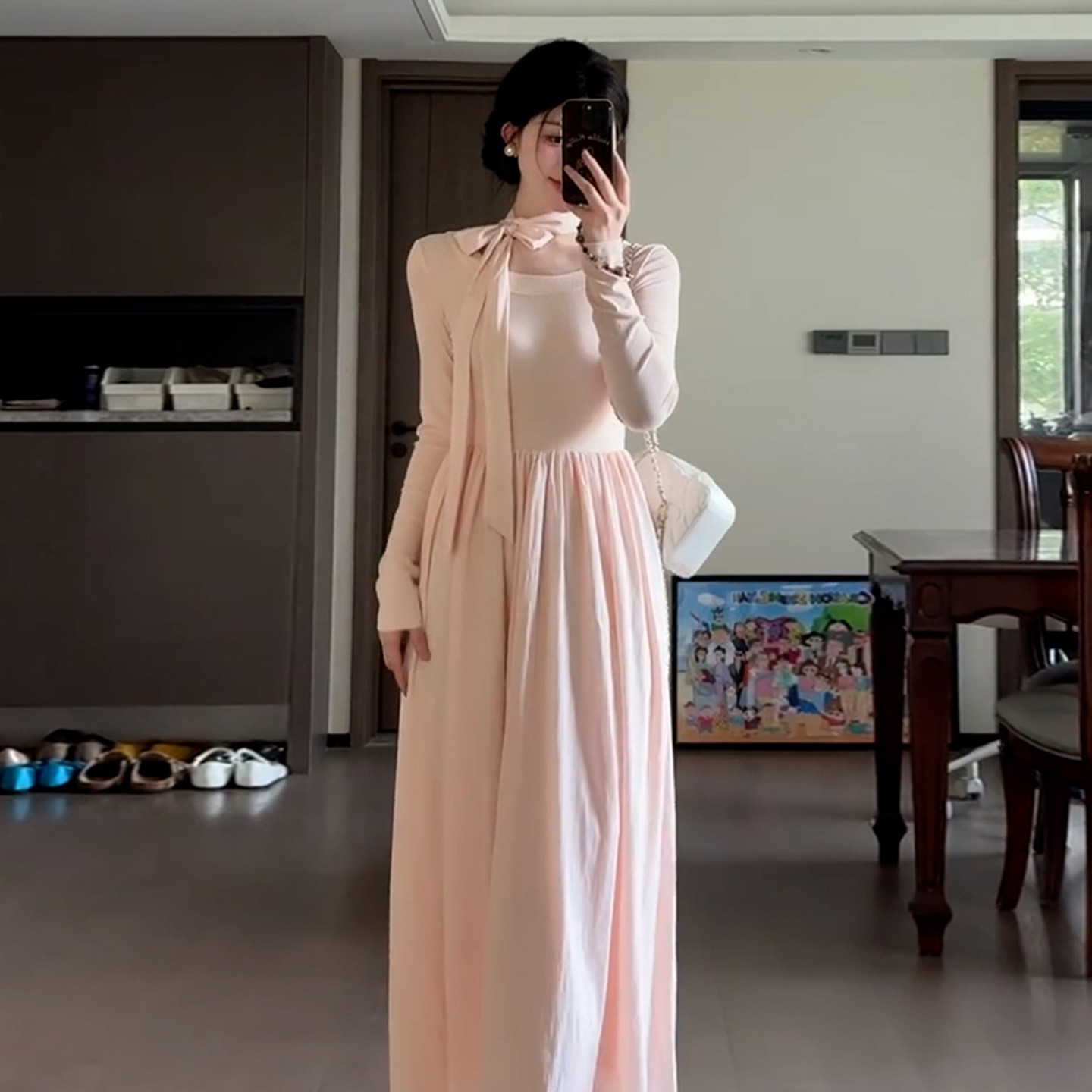 韓系溫柔風粉色圓領系帶長袖連衣裙女春秋款小眾設計百搭減齡長裙