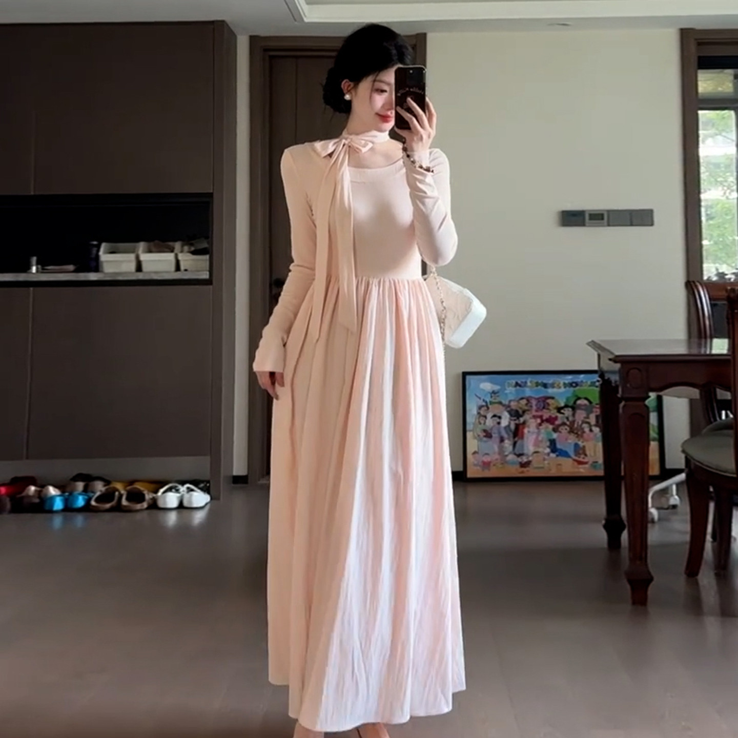韓系溫柔風粉色圓領系帶長袖連衣裙女春秋款小眾設計百搭減齡長裙