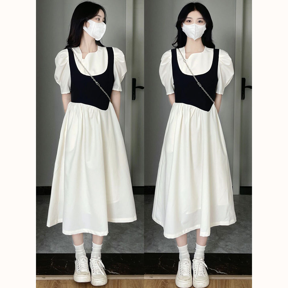 法式白色假兩件連衣裙女夏季2026新款設計感小眾長款泡泡袖初戀裙