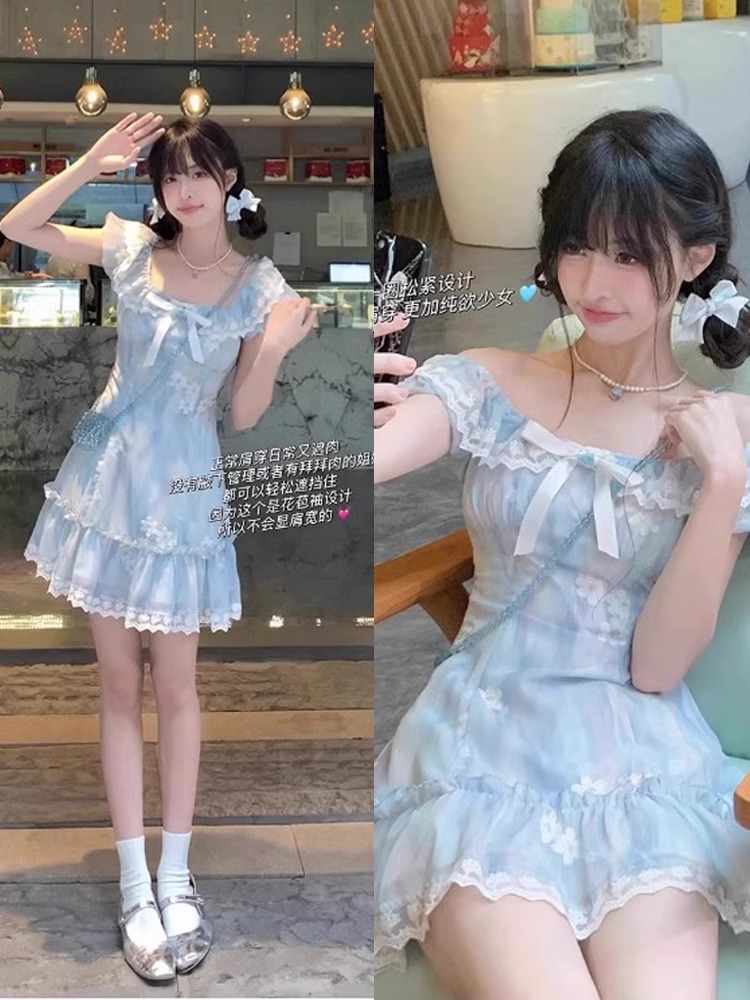 學院風蕾絲拼接蓬蓬裙女夏季新款小個子穿搭蝴蝶結短款碎花連衣裙