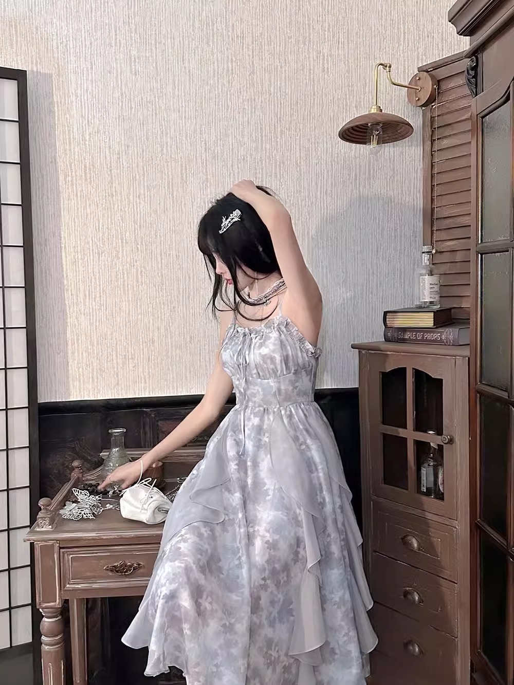 2026新款煙雨墨染灰色扎染吊帶連衣裙清冷感仙女裙夏開衫兩件套
