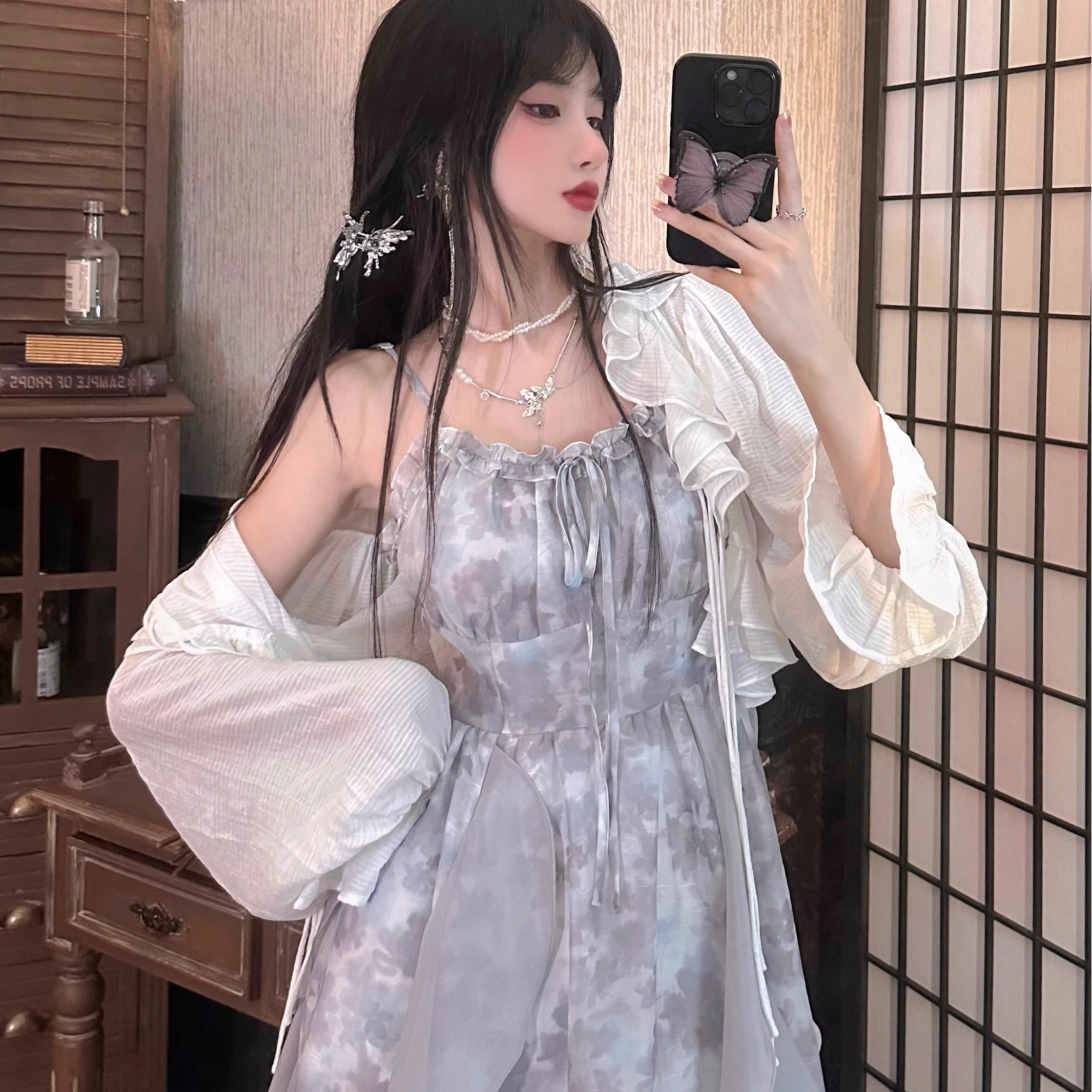 2026新款煙雨墨染灰色扎染吊帶連衣裙清冷感仙女裙夏開衫兩件套