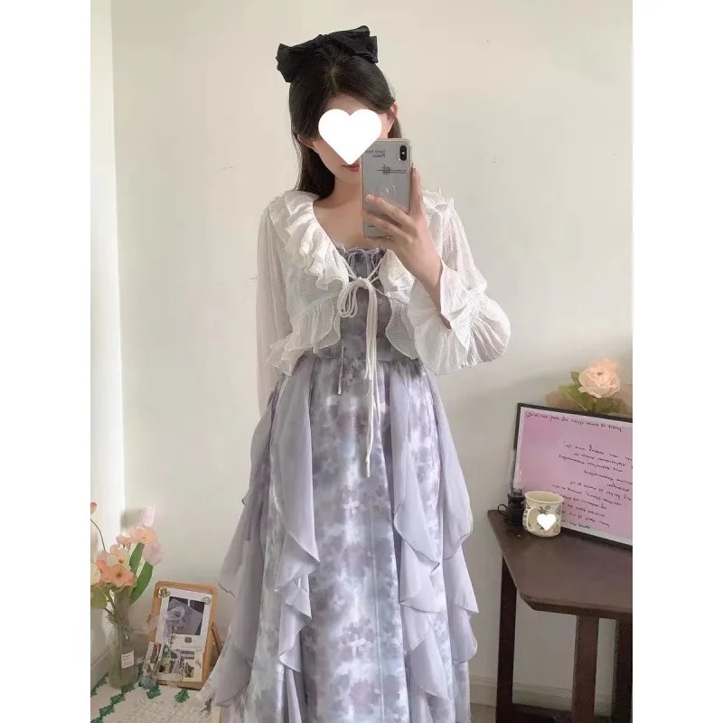 2026新款煙雨墨染灰色扎染吊帶連衣裙清冷感仙女裙夏開衫兩件套