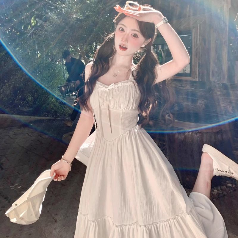 原版做法法式初戀甜美白色吊帶連衣裙子女裝新款海邊度假收腰長裙