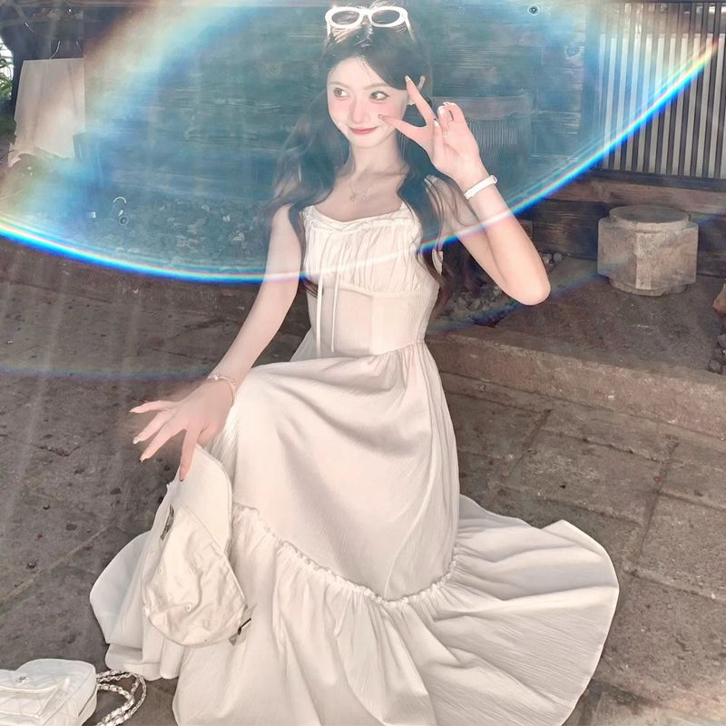 原版做法法式初戀甜美白色吊帶連衣裙子女裝新款海邊度假收腰長裙