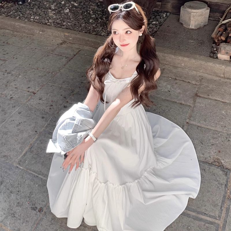 原版做法法式初戀甜美白色吊帶連衣裙子女裝新款海邊度假收腰長裙