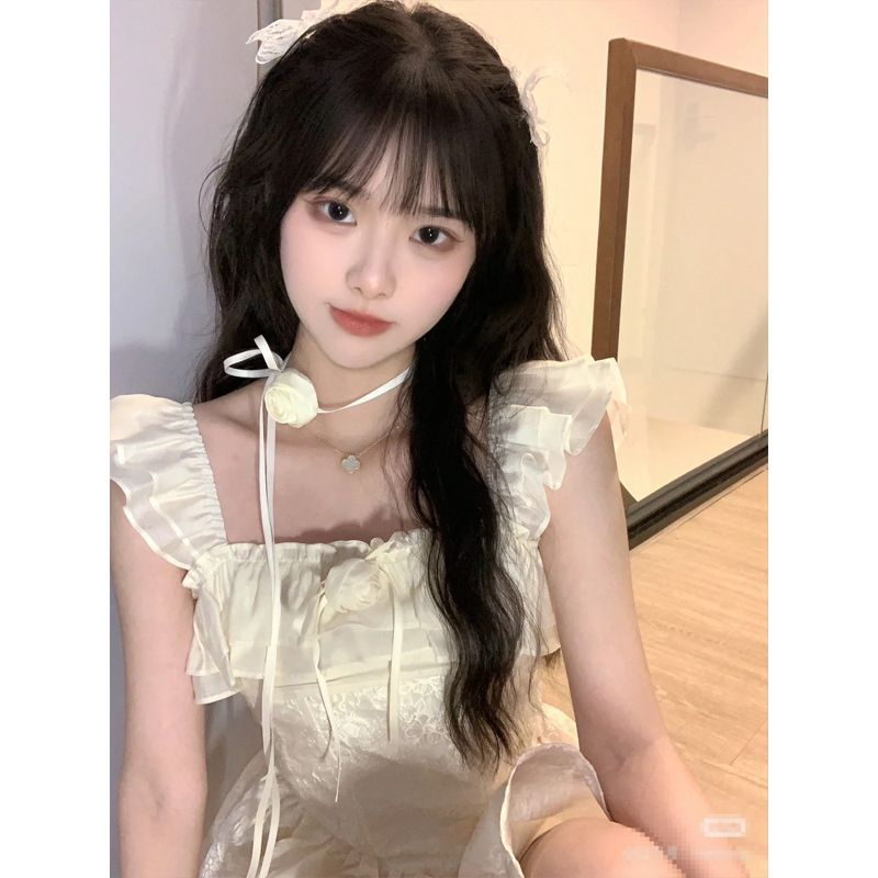原版做法法式公主風白色小飛袖方領連衣裙女設計感小個子收腰套裝