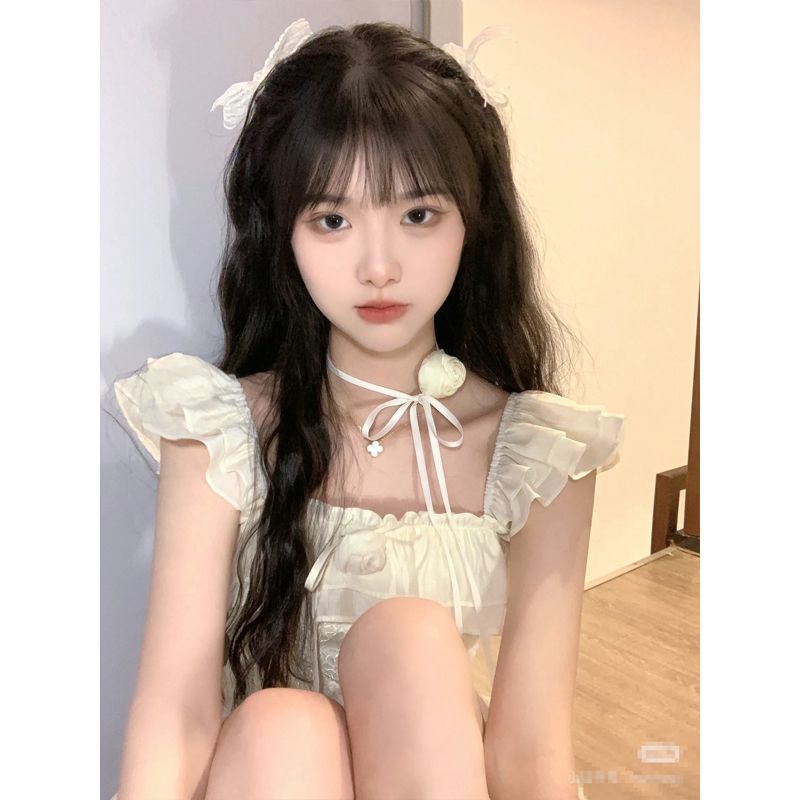 原版做法法式公主風白色小飛袖方領連衣裙女設計感小個子收腰套裝