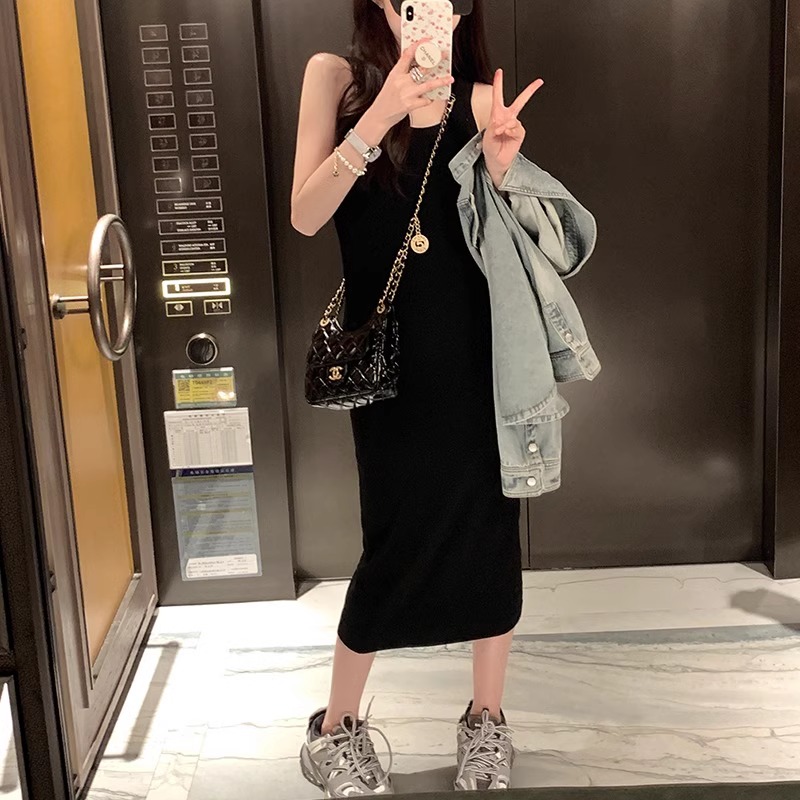 92棉/8氨綸40支210g純棉 灰色背心連衣裙女夏季