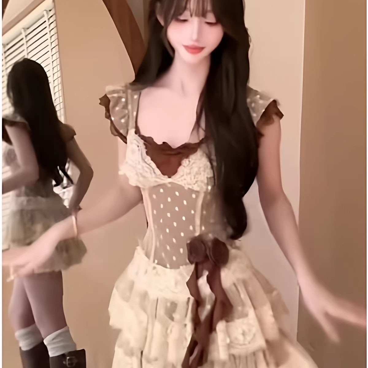 純欲風波點蕾絲連衣裙女棕色夏季新款假兩件甜辣獨特收腰顯瘦短裙