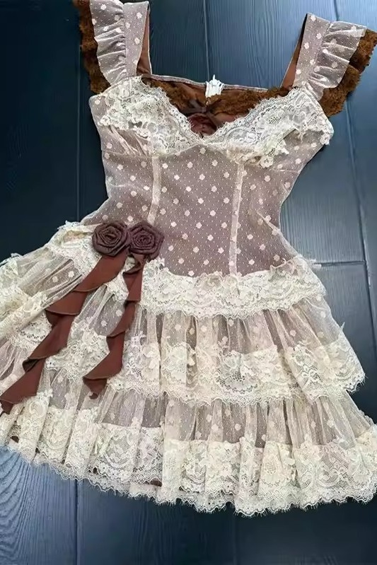 純欲風波點蕾絲連衣裙女棕色夏季新款假兩件甜辣獨特收腰顯瘦短裙