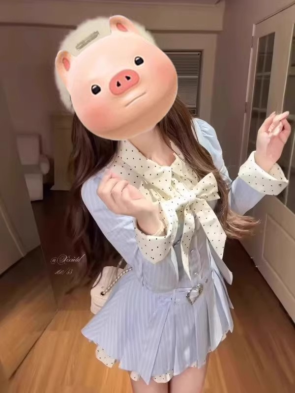甜美學院風韓系襯衫連衣裙女設計感長袖蝴蝶結撞色顯瘦連衣裙