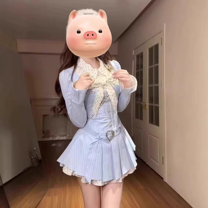 甜美學院風韓系襯衫連衣裙女設計感長袖蝴蝶結撞色顯瘦連衣裙